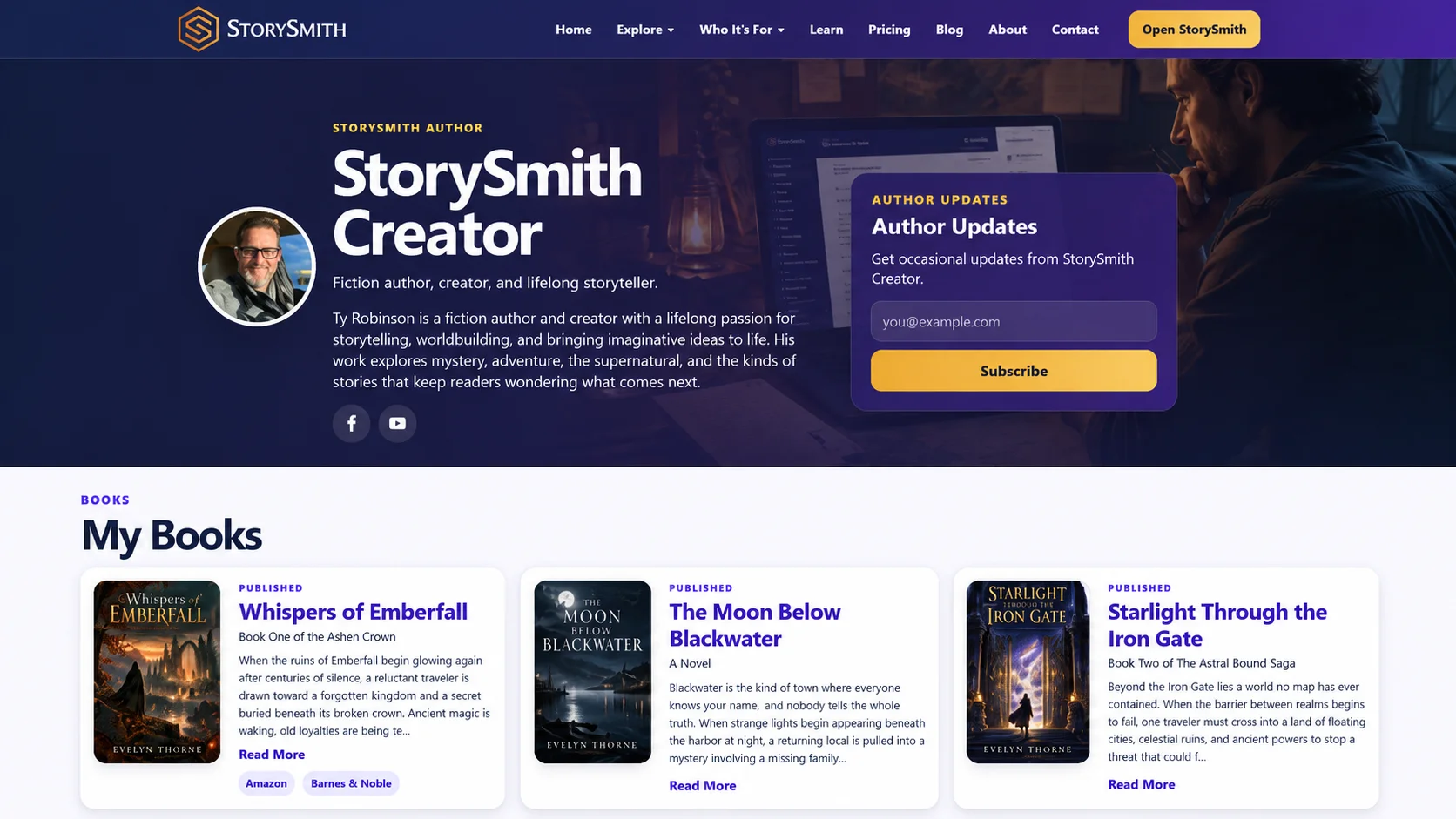 StorySmith public author page showing author profile, newsletter signup, and books
