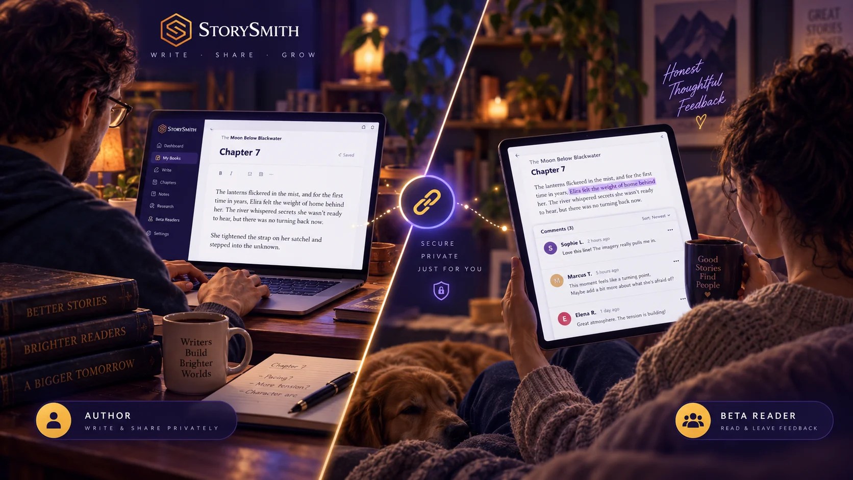 StorySmith author sharing a private chapter with a beta reader for feedback