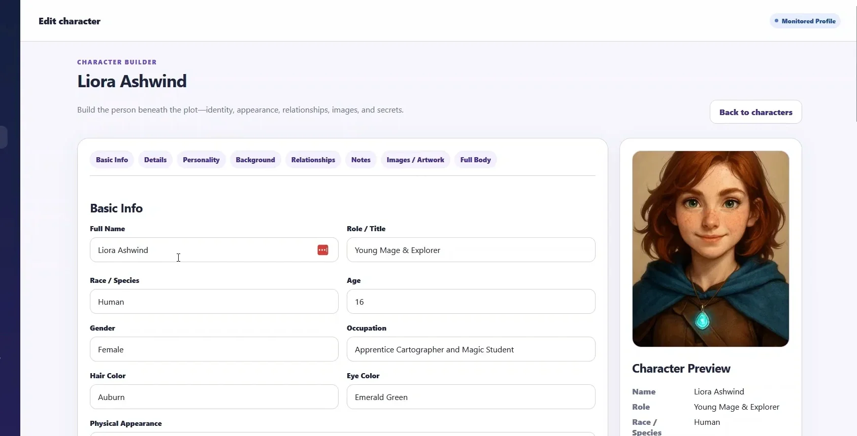 StorySmith Character Builder with structured character fields