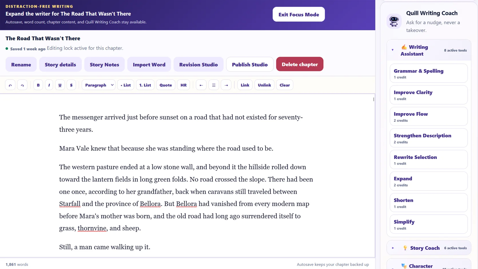 StorySmith Focus Mode with Quill Writing Coach beside the manuscript