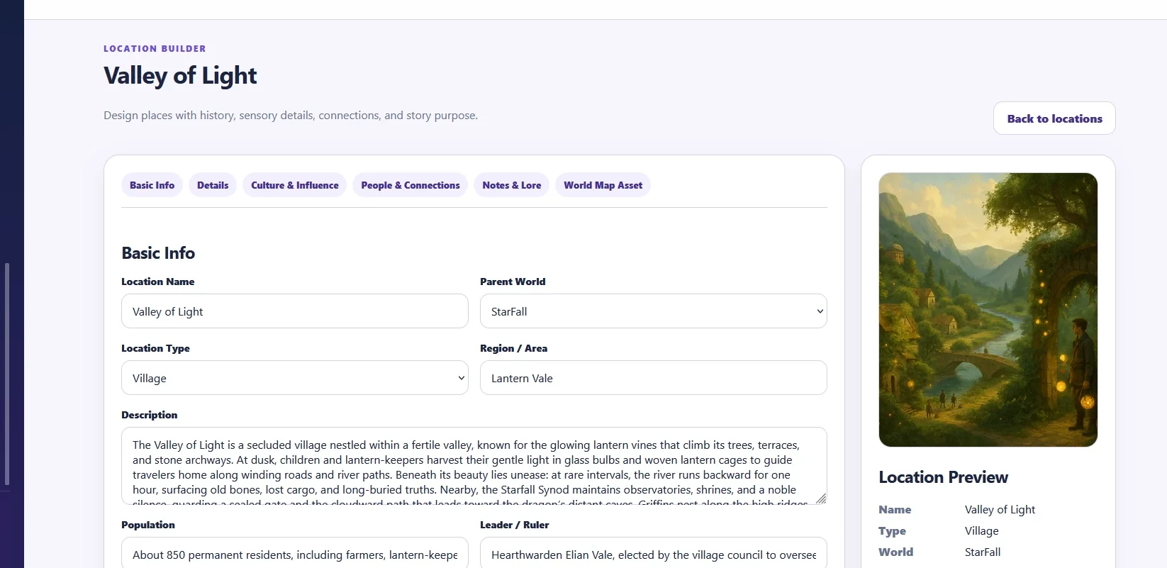 StorySmith Location Builder for detailed places inside a fictional world