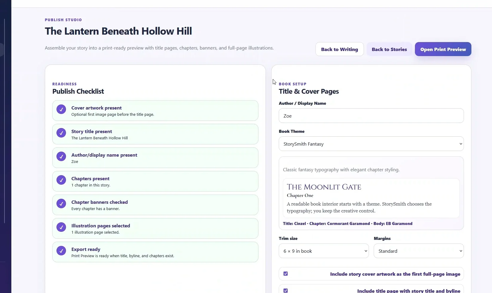 StorySmith Publisher Studio with book preparation and export options