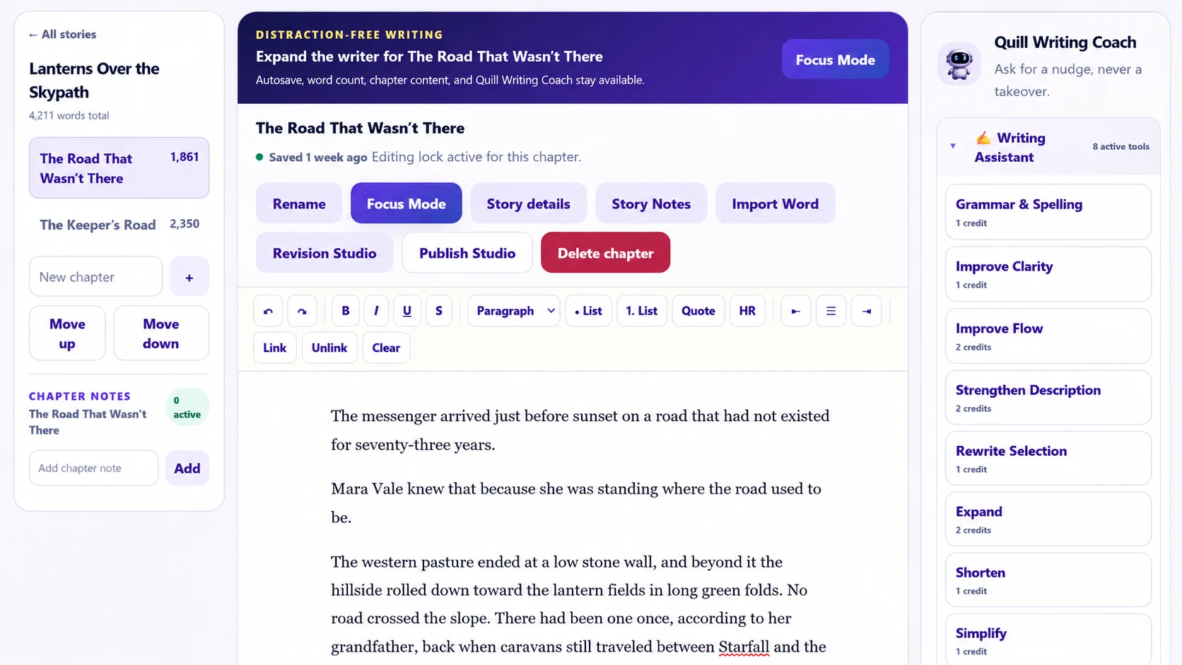 StorySmith story editor showing chapter writing and manuscript tools