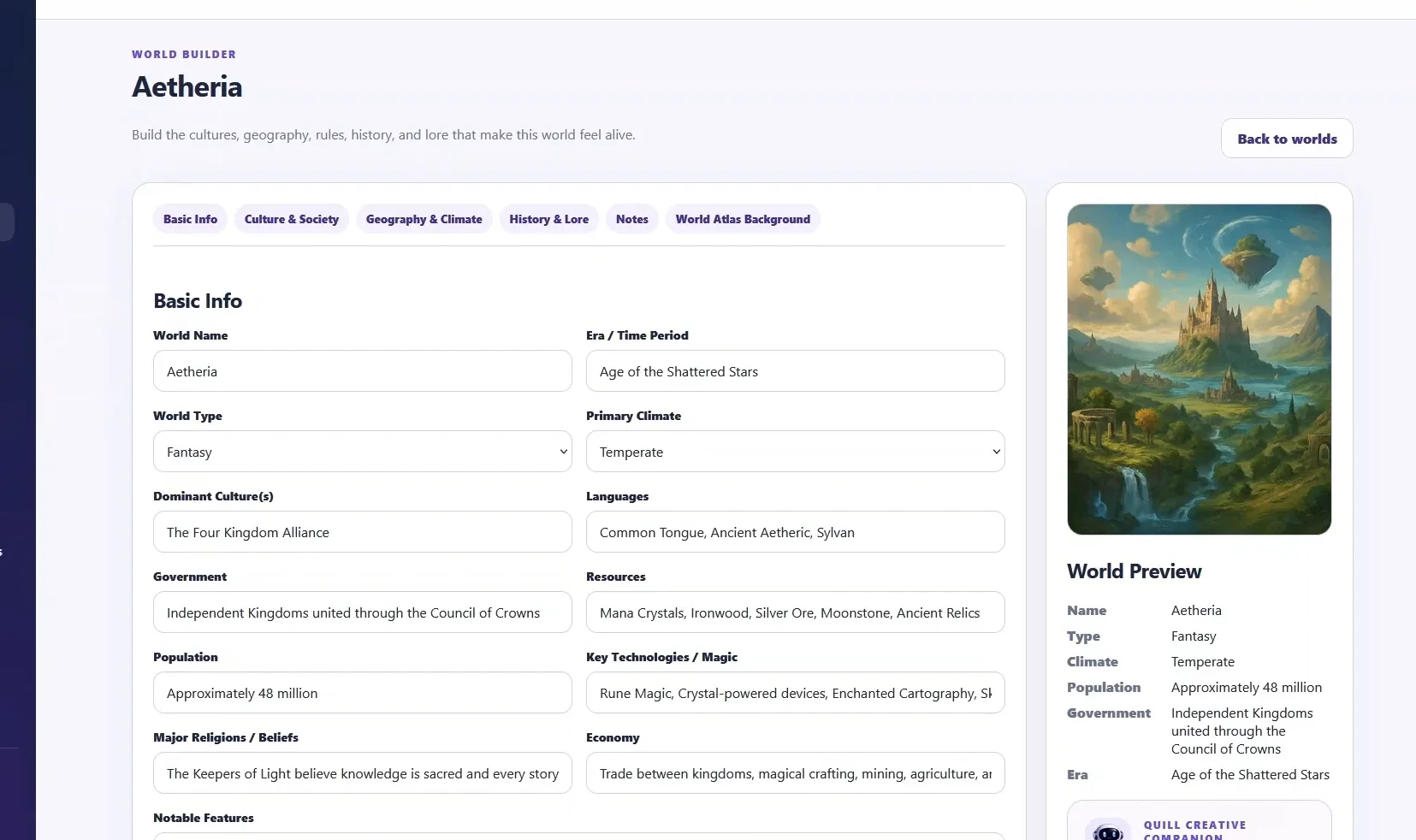 StorySmith World Builder with geography, culture, magic, and history fields